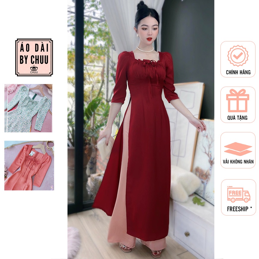 Áo dài cách tân nữ kiểu cổ vuông bèo nhún CHUU AD8078 - ko kèm quần