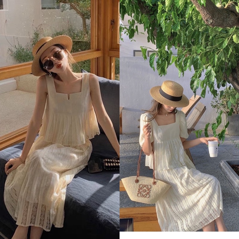 Set áo babydoll cổ vuông kèm chân váy midi chất ren mềm mại, hàng Quảng Châu cao cấp