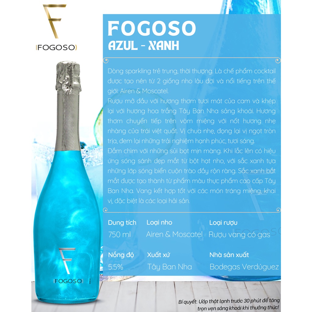 RƯỢU VANG NỔ-Sparkling FOGOSO AZUL (5.5%) - (750ml) Bodegas Verduguez