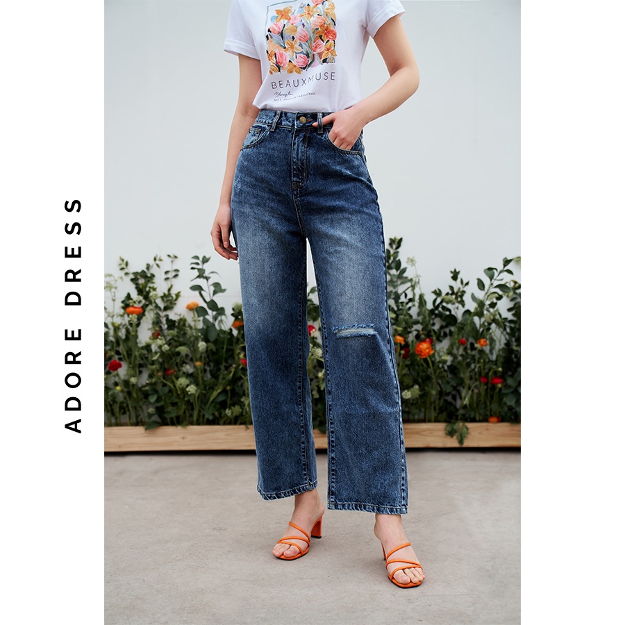 Quần jeans straight đen retro rách gối 2JE3001 ADORE DRESS