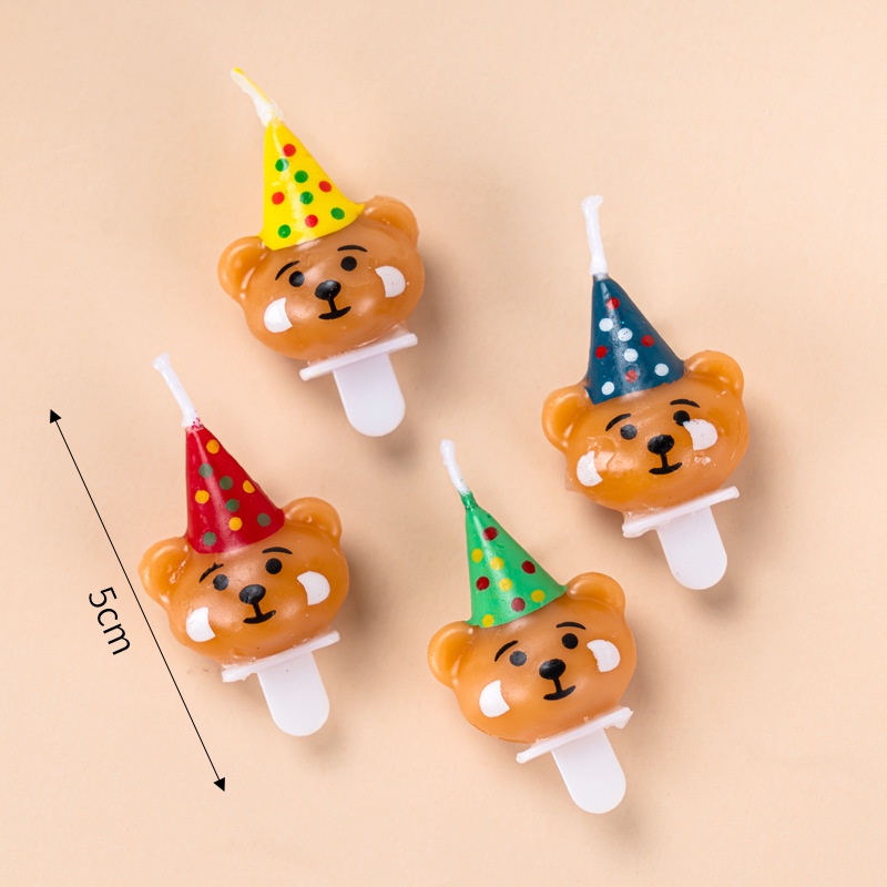 Vỉ 4 Nến Gấu Nâu Đội Mũ Sinh Nhật Cao 5Cm Đường Kính 3Cm - Phụ Kiện Bánh Sinh Nhật Trẻ Em - Đồ Trang Trí Bánh Kem