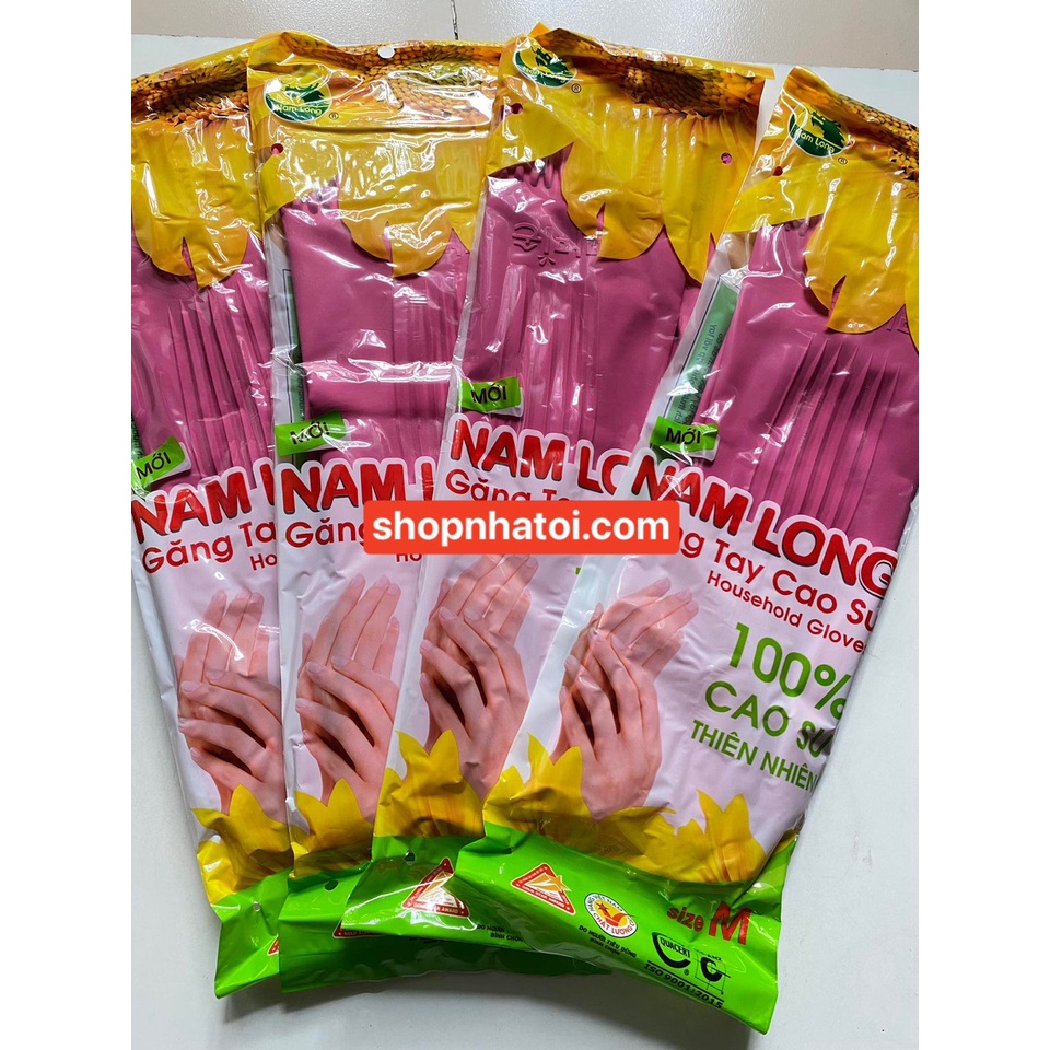 Găng tay cao su màu Hồng thương hiệu Nam Long loại dài chuyên dùng để rửa chén, giặt đồ, dọn nhà