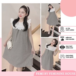 Đầm Caro Phối Ren, váy caro phối ren, váy ren suông, đầm caro, váy kẻ xuông