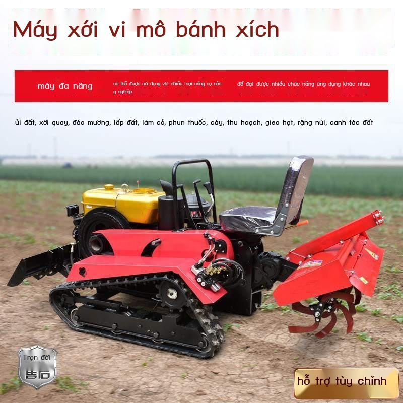 Máy xới quay bánh xích nhỏ đa chức năng bỏ rải phân bón vườn cây ăn trái đi xe kéo đất