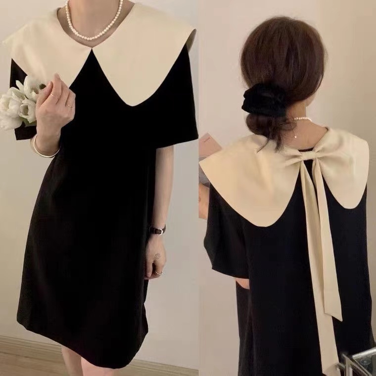 Đầm tiểu thư cổ sen buộc nơ, Váy suông tay bồng dáng rộng màu đen mặc được hai kiểu thời trang