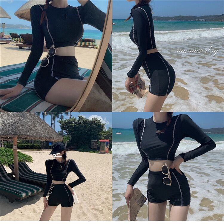 Bikini đi biển 2 mảnh kín đáo - Đồ bơi nữ tay dài váy xòe - Áo bơi croptop đen trơn có size DODO FASHION | BigBuy360 - bigbuy360.vn