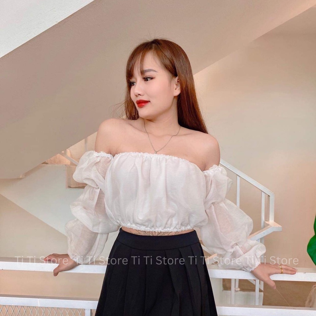 Áo trễ vai tay rời chun tay co giãn 2 màu đen trắng cho nữ, Áo trễ vai croptop tay bồng | BigBuy360 - bigbuy360.vn