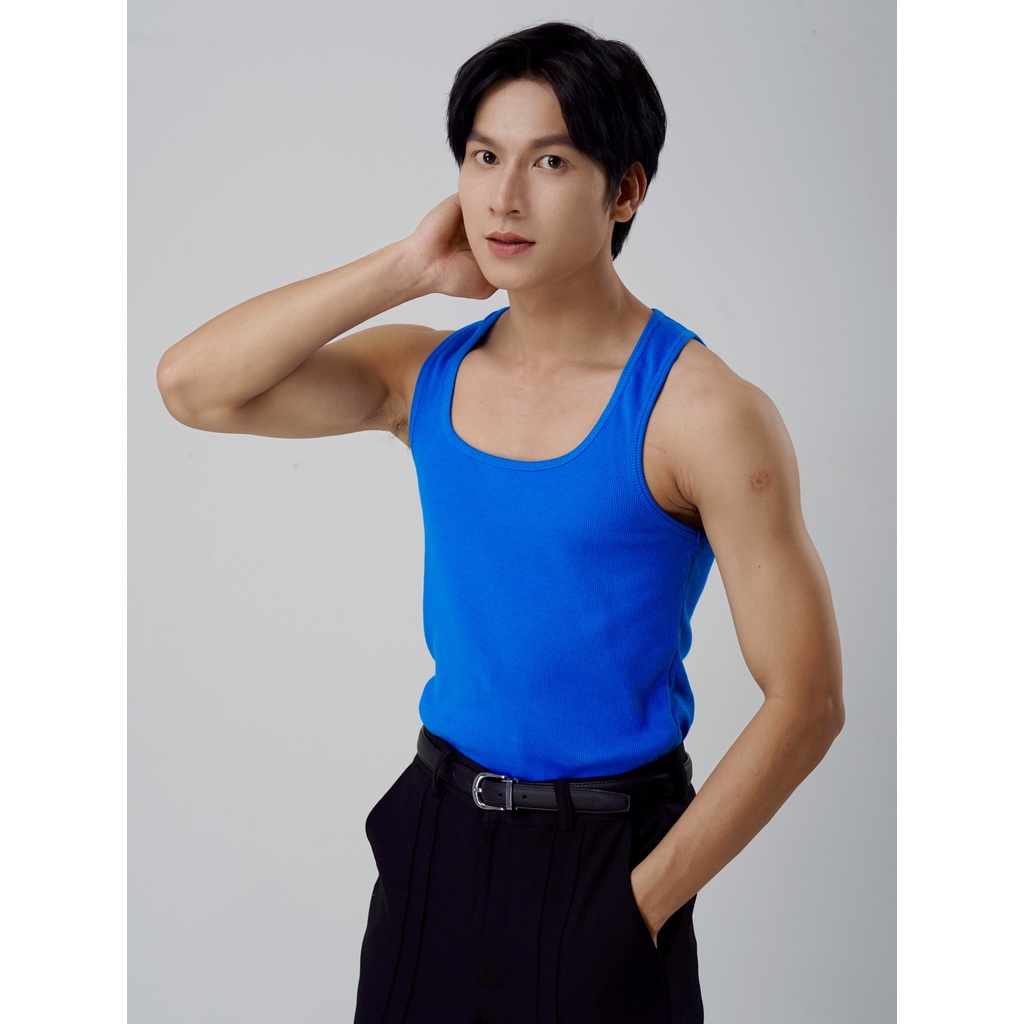 Áo Thun Ba Lỗ Tank Top Nam Cổ Vuông Màu Xanh Coban Cotton Gân Thương Hiệu Mr Twins