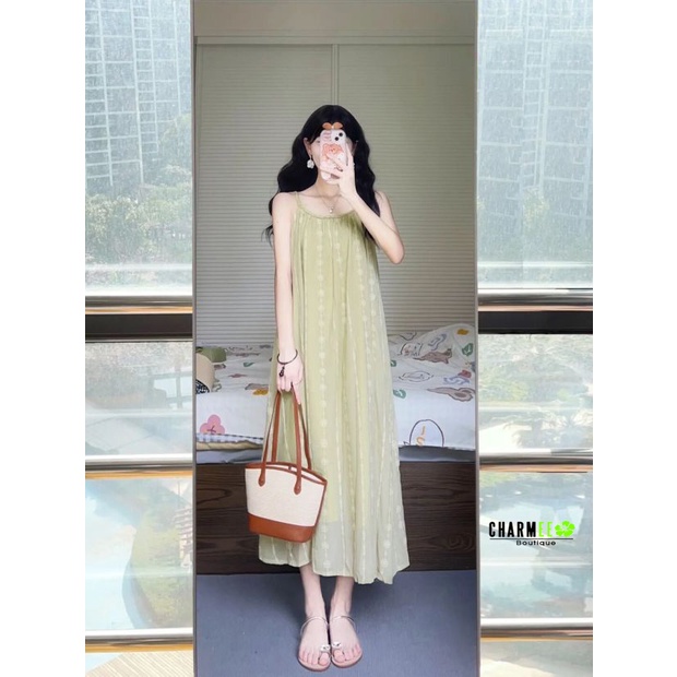 Set Đầm 2 Dây Xanh + Áo Cardigan Trắng