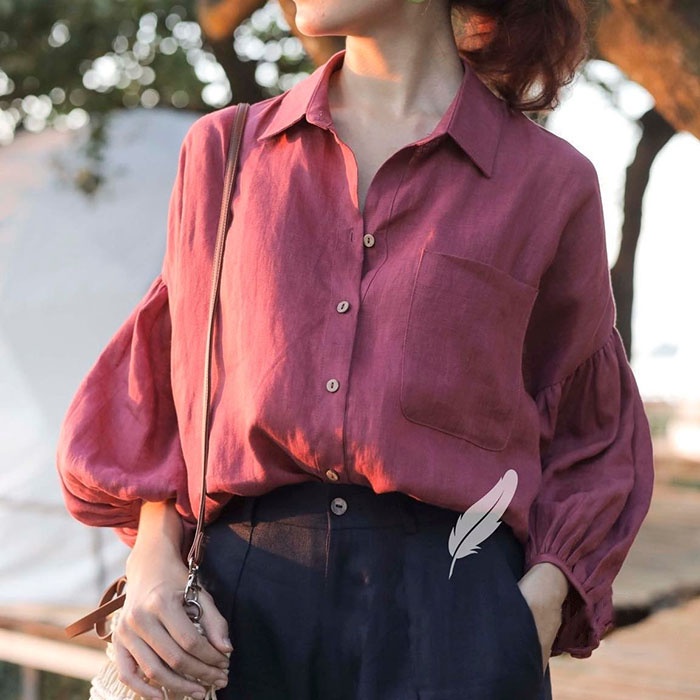 Áo kiểu nữ Linen tưng Hàn form rộng tay bồng trẻ trung, kiểu dáng thanh lịch điệu đà, thời trang hè thu 2023