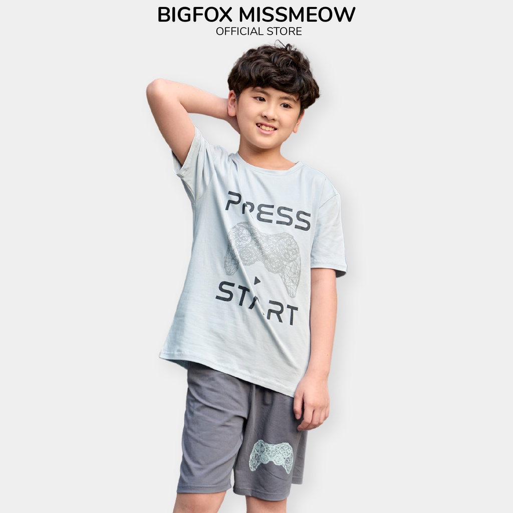 Bộ đồ bé trai size đại Bigfox Miss Meow mùa hè dáng cộc tay chất cotton, kiểu Hàn in Press Start 12-15 tuổi, 40kg -50kg