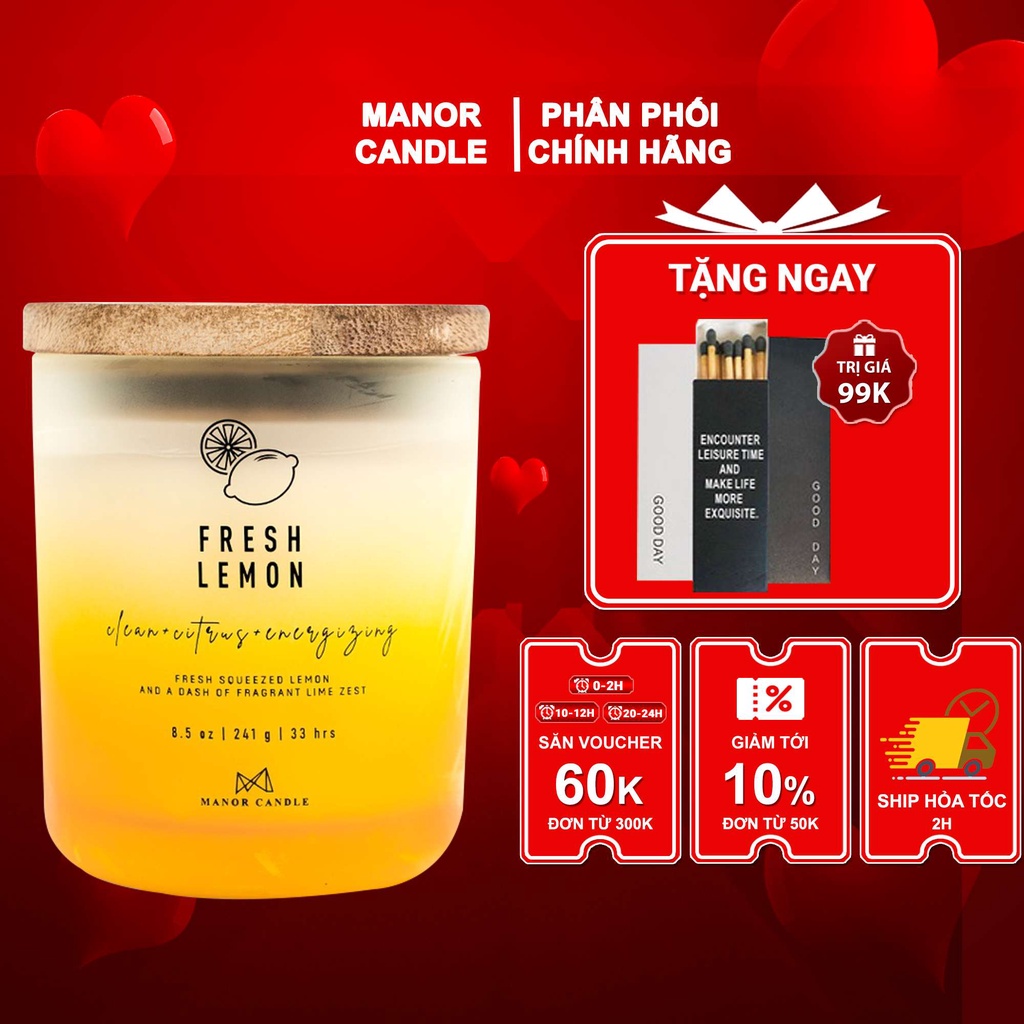 Nến Thơm Fresh Lemon Size 8 OZ  Hương Chanh Tươi & Vỏ Quýt Thơm Kết Hợp Mật Ong Rừng Ngọt Mịn, Manor Candle