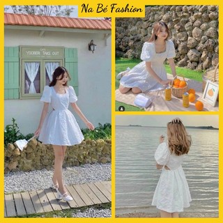 Váy cổ vuông - Váy gấm tay bồng cổ vuông viền ren hở eo Hottrend, Đầm nữ vải gấm Quảng Châu siêu xinh
