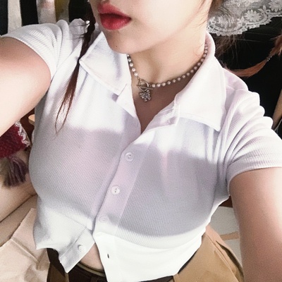 Ethelgirl Áo Thun Croptop Tay Ngắn Cổ Polo Màu Trơn Dáng Ôm Thời Trang Hàn Quốc Quyến Rũ Cho Nữ
