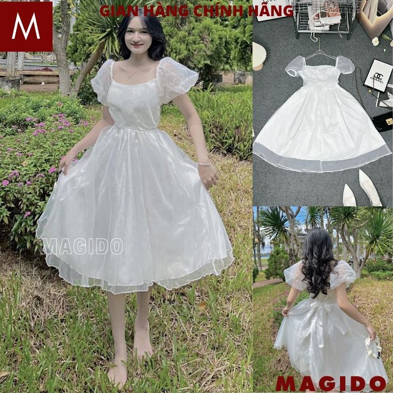Đầm công chúa - Váy xòe tiểu thư tay bồng màu trắng đi chơi, đi tiệc bánh bèo sang chảnh hàn quốc - MAGIDO V79