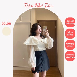 Áo sơ mi tay bồng nơ bánh bèo mix chân váy tafta lượn sóng