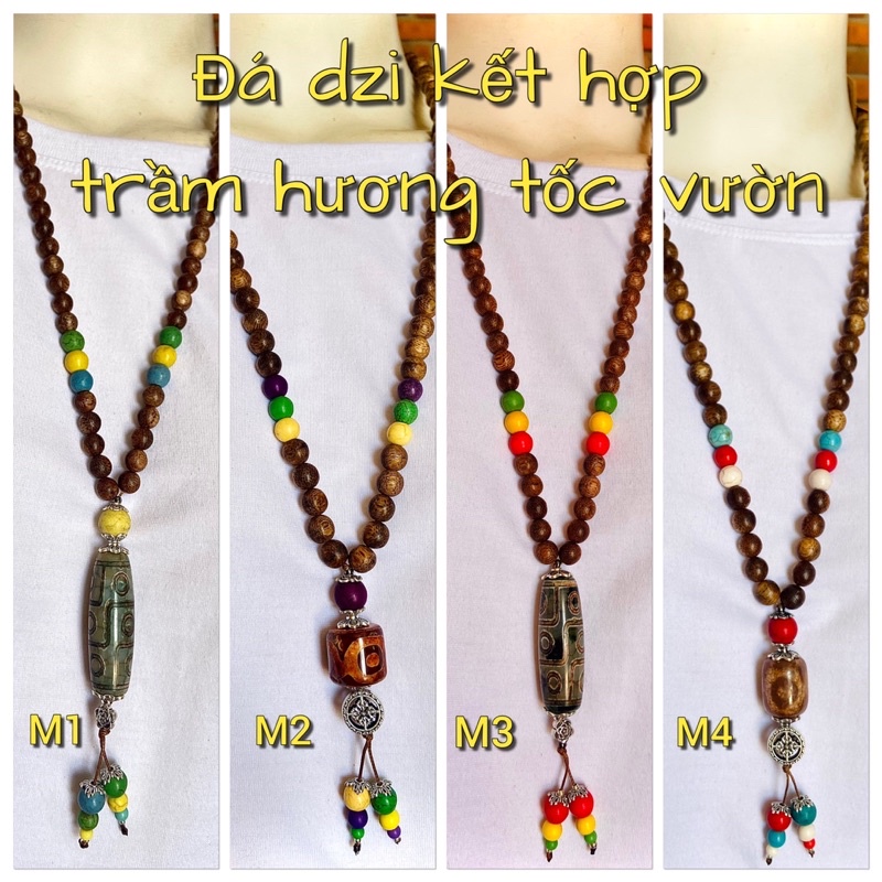 Vòng Cổ Trầm Hương Mix Đá Dzi + Đá Phong Thuỷ + Charm Bạc Pha