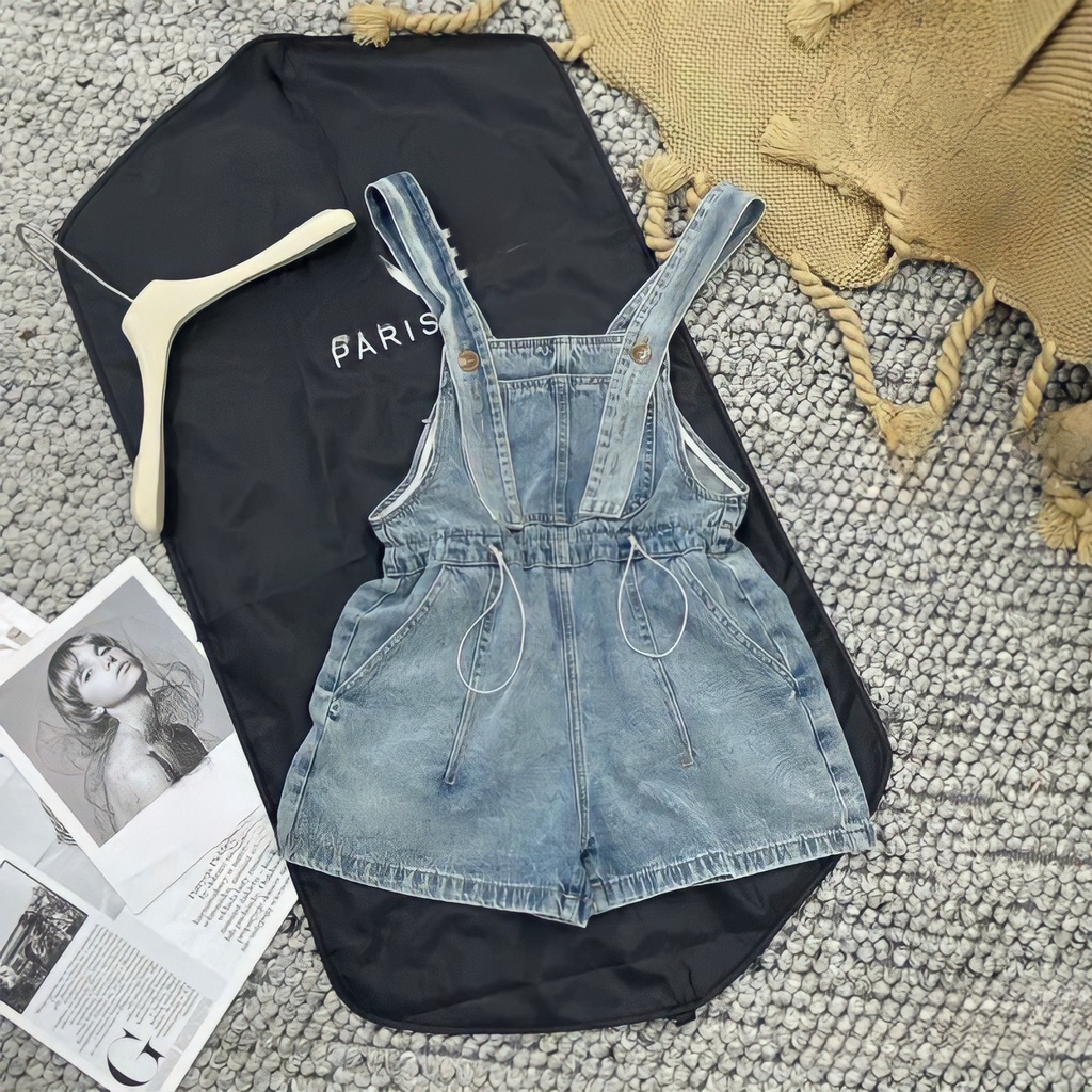 Quần Short Yếm Jeans Nữ Dây Rút Hông Dáng Ngắn Full Size