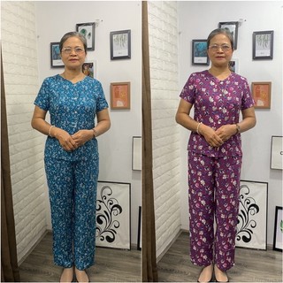Bộ tole lanh mặc nhà áo cộc tay cài cúc-quần dài trung niên