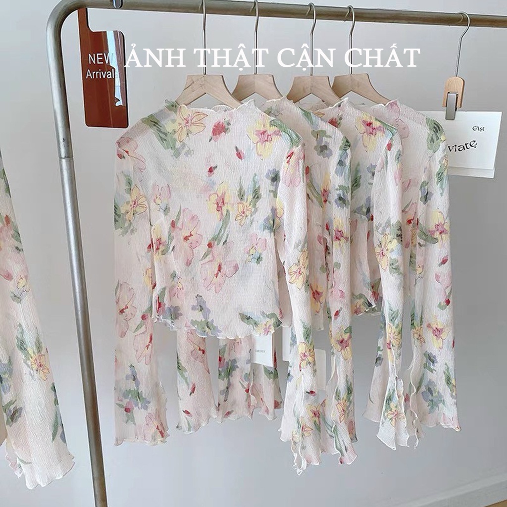Áo sơ mi kiểu nữ, Áo voan gân xuyên thẩu cổ cao tay loe floral viền bèo