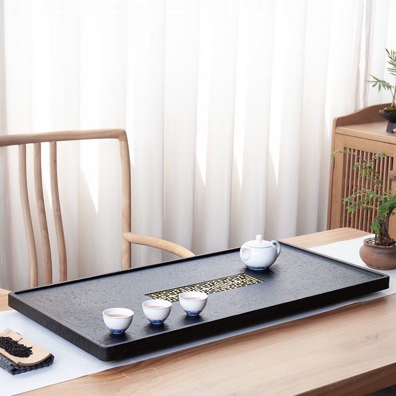 ⊙▽❍Khay trà đá vàng đen tự nhiên Đèn gia dụng sang trọng hiện đại thoát nước Bàn trà khô
