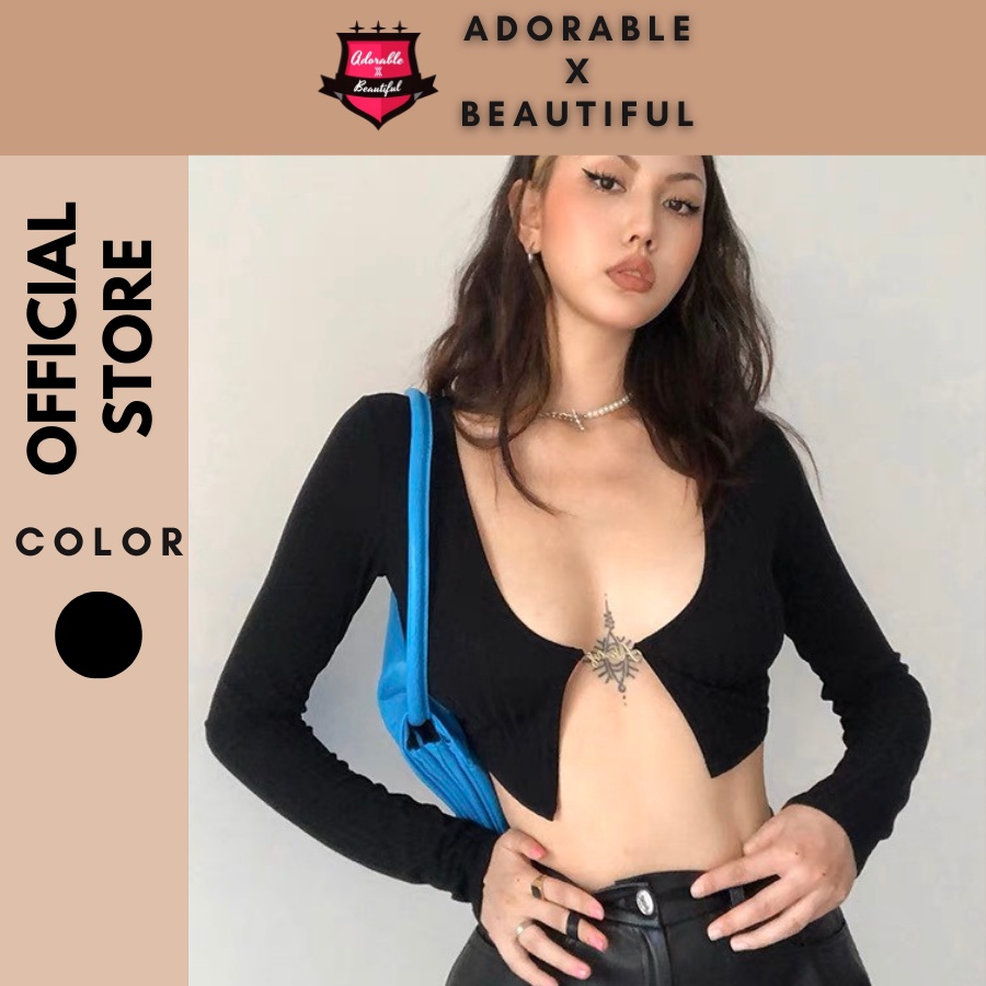 Áo Croptop Kiểu Tay Dài Thun Gân Đen Gắn Chữ Hở Ngực Phong Cách Sexy Quyến Rũ