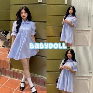 Váy Babydoll Kẻ Xanh Tay Phồng Xếp Ly - Titto Closet
