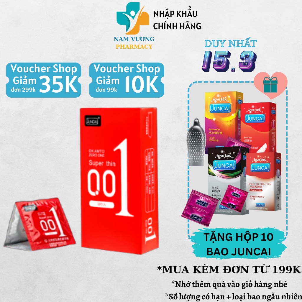 Bao cao su siêu mỏng vượt trội 001 JUNCAI Super Thin Red nhiều gel bôi sơn hộp 10c bcs Nam Vương Pharmacy