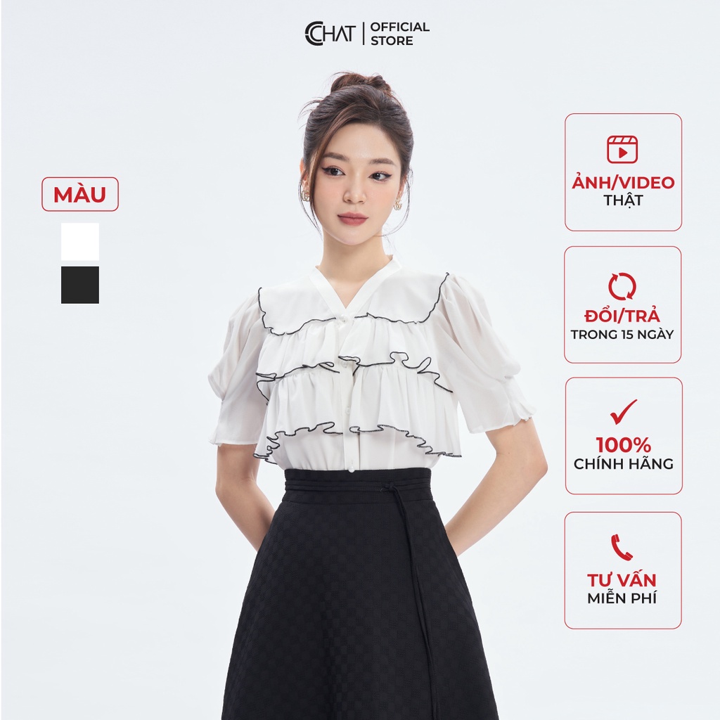 Áo Sơ Mi Nữ 𝐂𝐂𝐇𝐀𝐓 Bèo 3 Tầng Cổ Mở V Chất Liệu Lụa Cao Cấp 53FNL8006ST