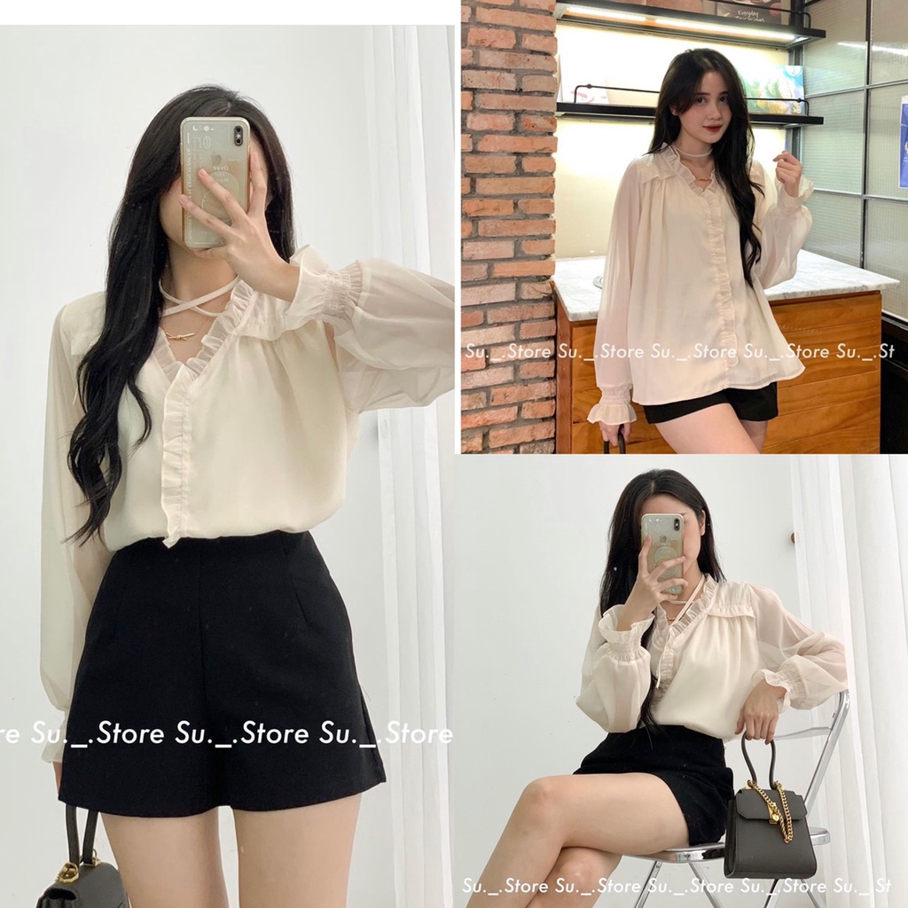 Áo kiểu voan bèo buộc nơ tiểu thư Hari GenZ Ao2921_BeP0K36