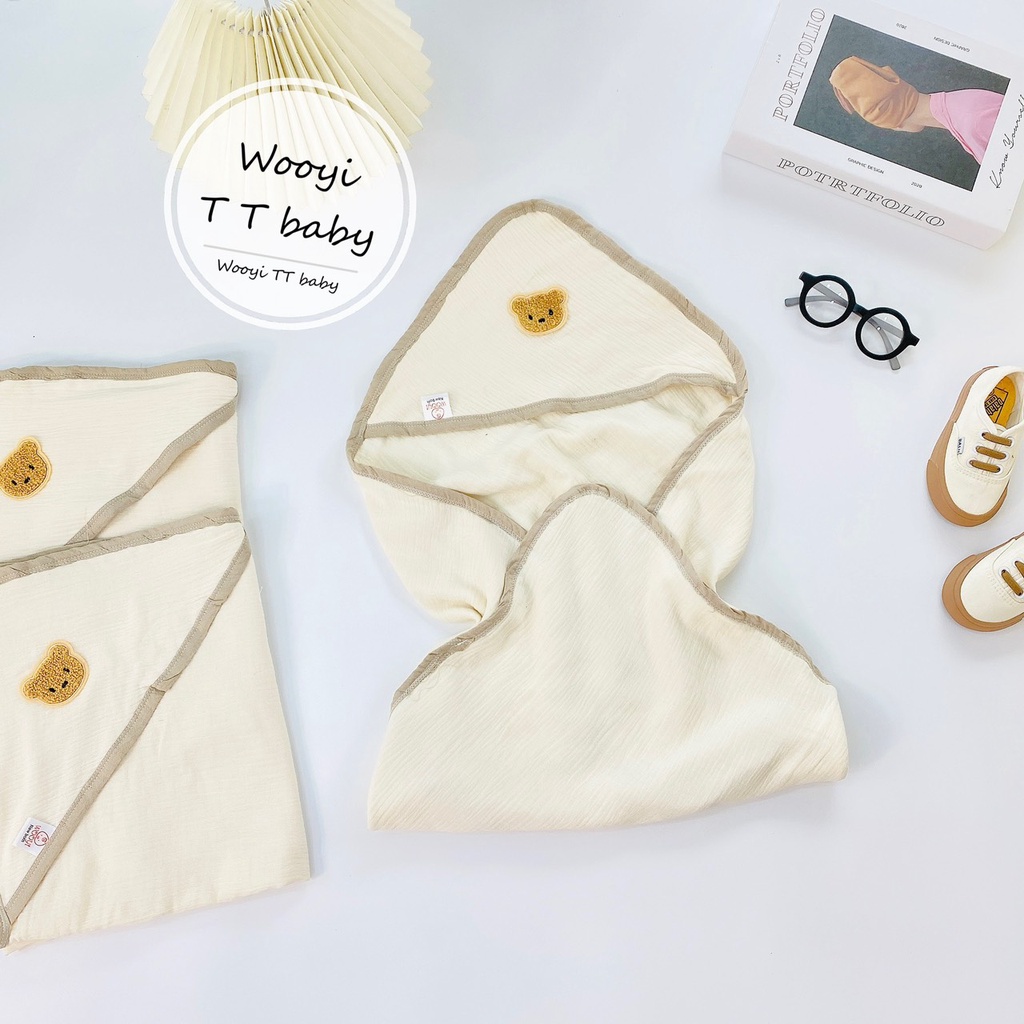 Ủ choàng cho bé sơ sinh - ủ Xô Muslin gắn gấu bông xù Wooyi