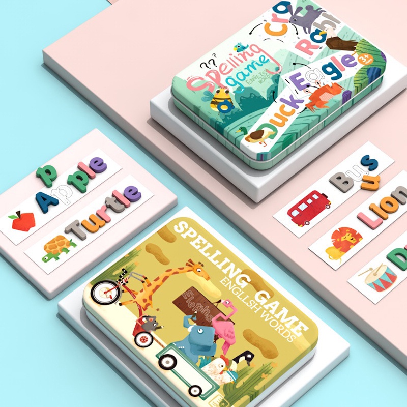 Đồ chơi giáo dục xếp chữ cái theo thẻ hình hộp sắt - Nhận thức sớm montessori cho trẻ