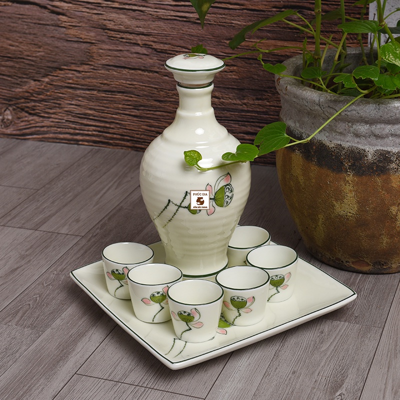 Bộ Bát Đĩa Hoa Mặt Trời men kem chỉ xanh hoa văn đài sen,Bộ bát đĩa cúng tết Gốm Bát Tràng, nhiều mẫu mã set 7-32 món