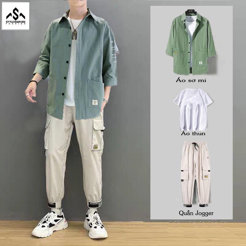 Combo 3 Chi Tiết Áo Sơ Mi Tay Lỡ + Áo Thun + Quần Túi Hộp Stylemarven - SET NAM 90000150C2
