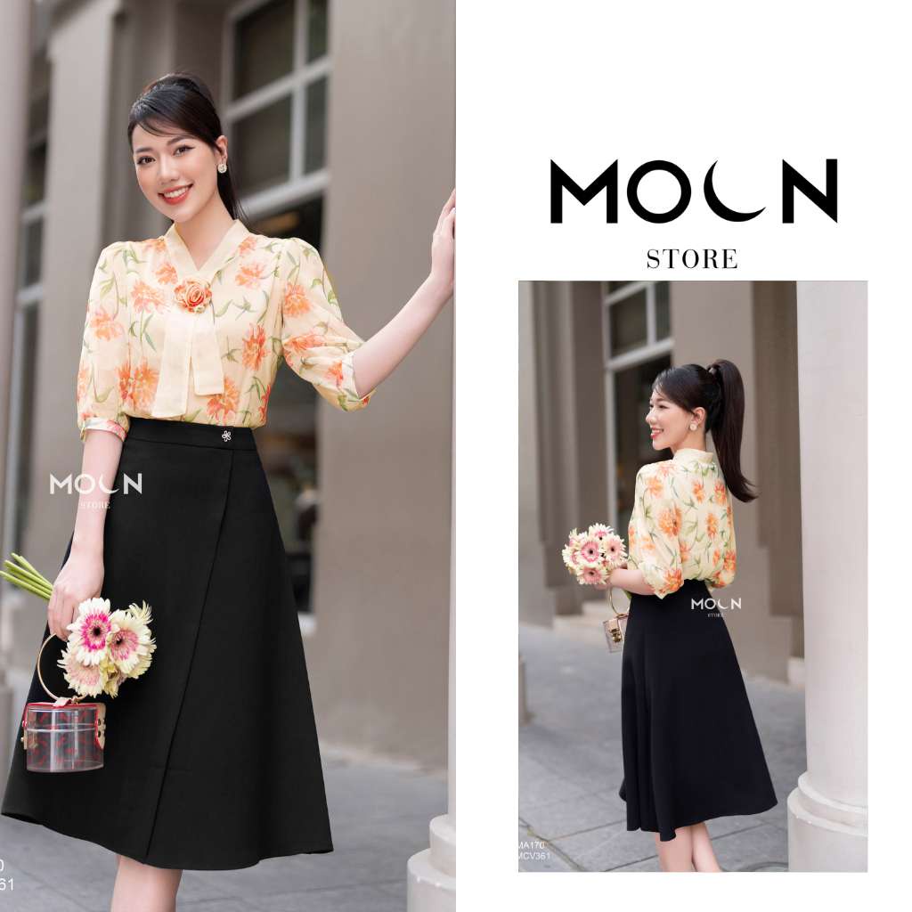 Set áo chân váy công sở, áo chất tơ họa tiết dáng ngắn mix chân váy tuyết mưa MA171-MCV361 Moon