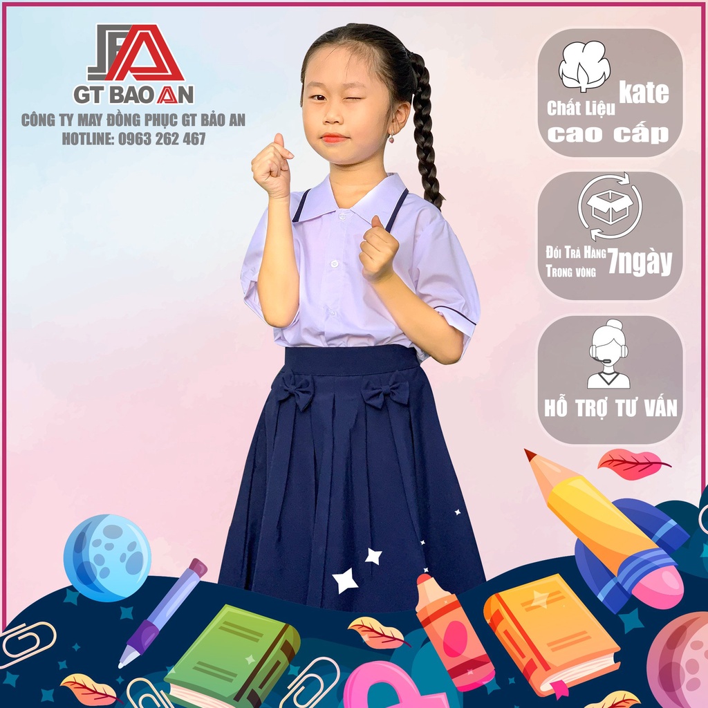 Áo sơ mi trắng phối xanh + Váy xanh đen xếp ly cho nữ sinh cấp 1 - Đồng phục tiểu học Chất vải TỐT