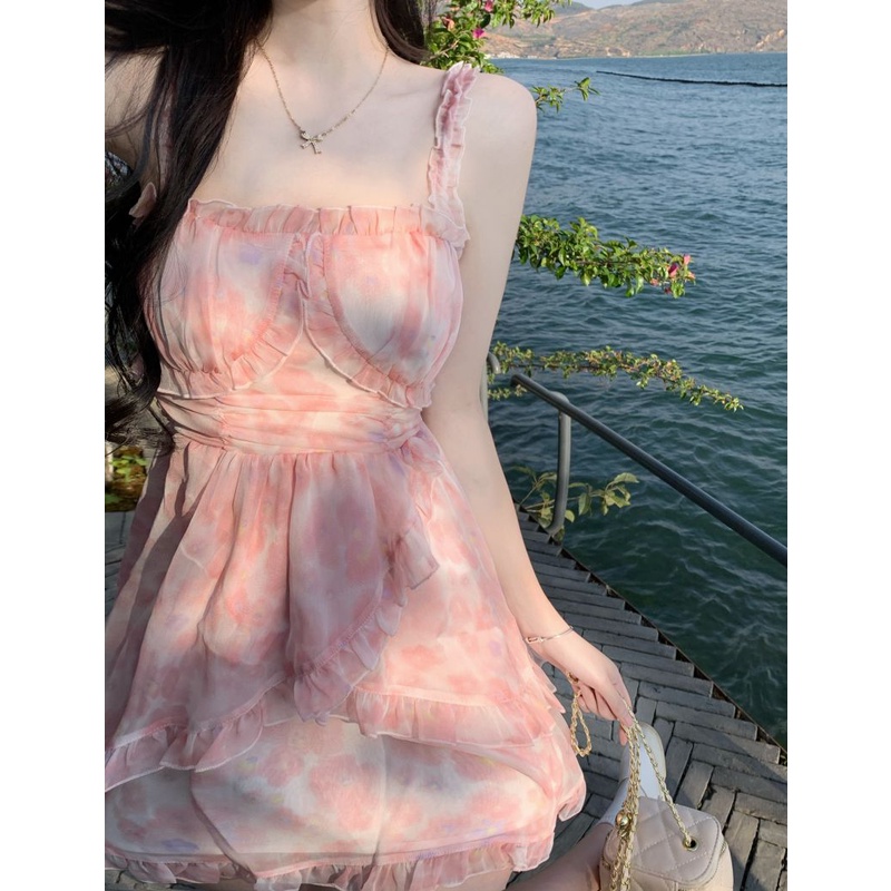 Lalisas set Đầm Dây Không Đều Thiết Kế Ngọt Ngào + Khăn Choàng Trắng Thời Trang Cho Nữ (Đặt Hàng)