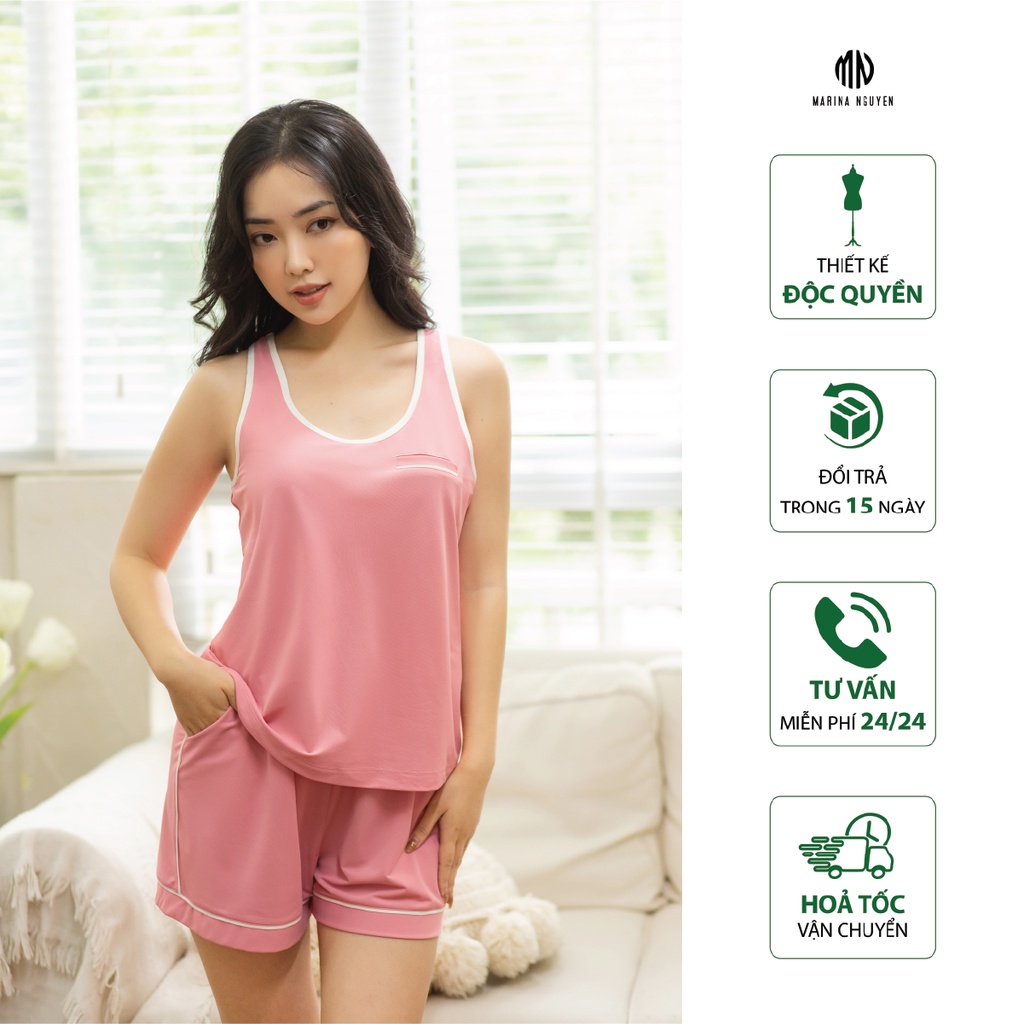 Đồ Bộ Nữ Mặc Nhà MARINA NGUYỄN, Thiết Kế Áo cổ tròn, sát nách, Vải Cotton lạnh, Thoáng Mát 323-008