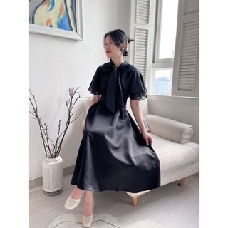 [New Sales 2024] Đầm dự tiệc dáng xòe cổ đứng thắc nơ chiết eo kiểu xòe vải voan chinh phong 2 màu trắng đen