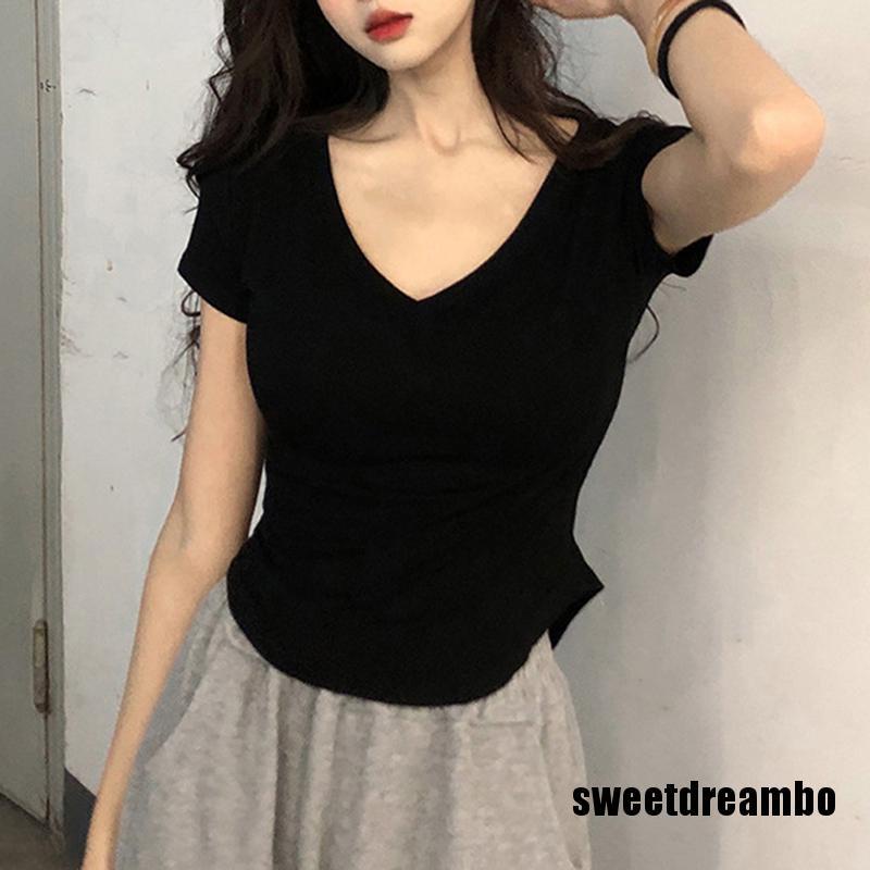 Áo Thun Tay Ngắn Cổ Chữ V Màu Trơn Thiết Kế Độc Đáo Thời Trang Mùa Hè Cho Nữ
