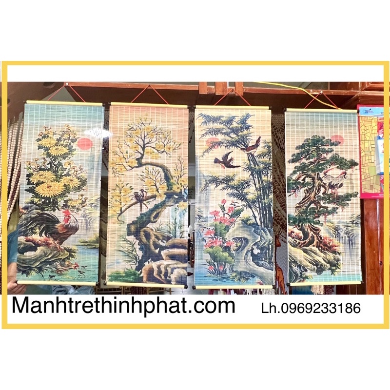 Set mành trúc in tranh tứ quý 40cmx90cm. Bộ tranh tre tranh tứ quý. Mành tranh tre trang trí.