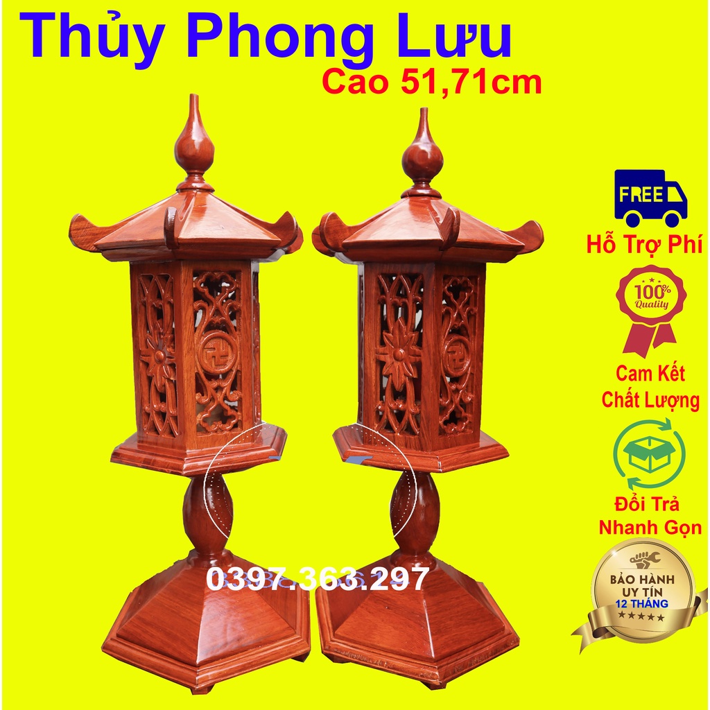 Đôi đèn bàn thờ cây lục năng gỗ hương rát vàng cao 51,71cm