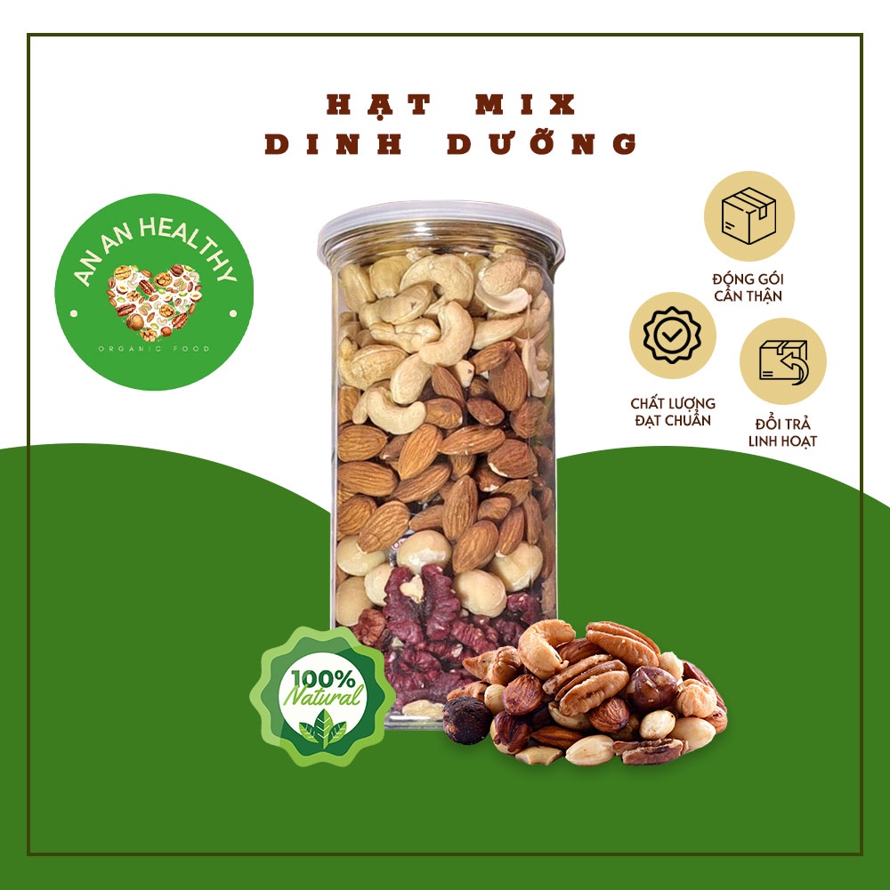Hạt dinh dưỡng mix 5 loại hạt macca, hạt điều, óc chó, hạt bí, hạt hạnh nhân hộp 500g loại cao cấp