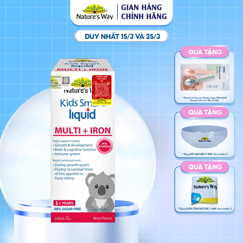 Siro Bổ Sung Sắt Và Multi Vitamin Cho Bé Nature's Way Kids Smart Liquid Multi + Iron Hỗ Trợ Tăng Đề Kháng Cho Bé 200ml