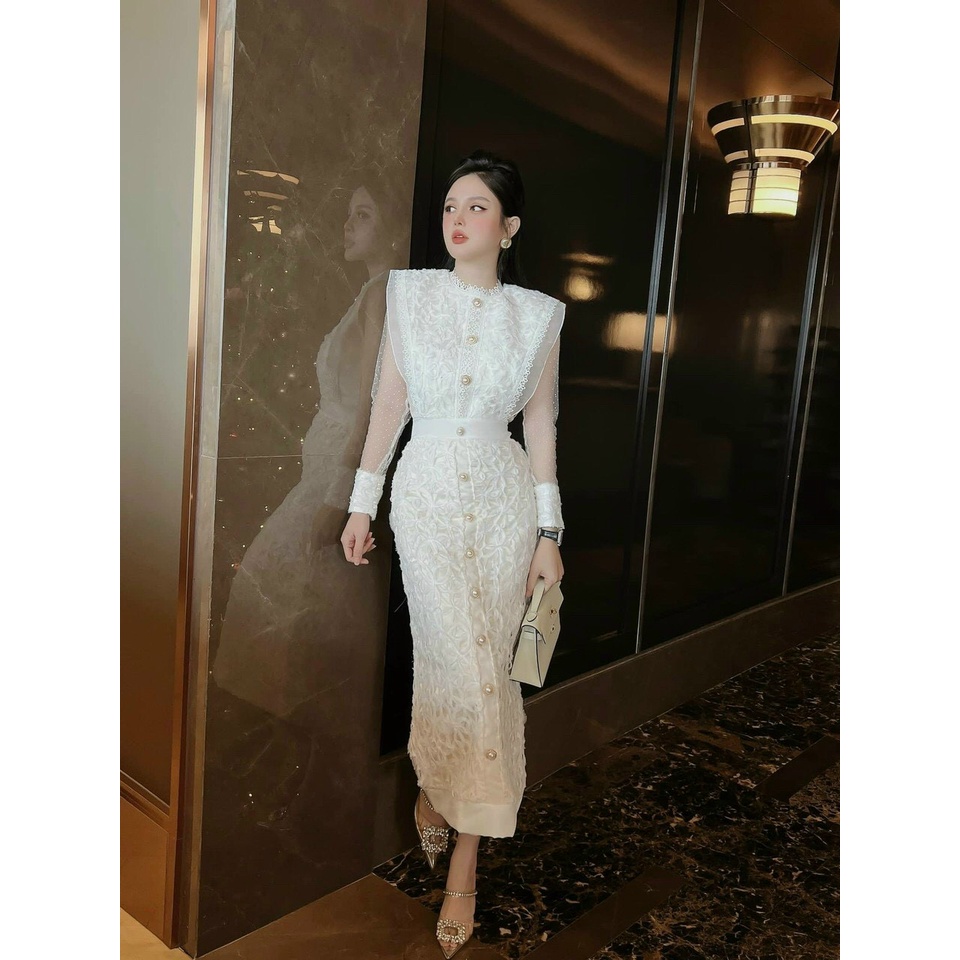 Đầm ren maxi body tay phối lưới dài