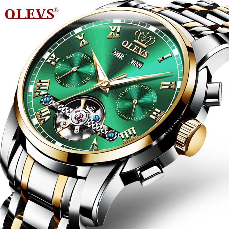 OLEVS 6607 Men Stainless Steel Automatic Mechanical Watches Classic Bracelet Green Luxury Watch