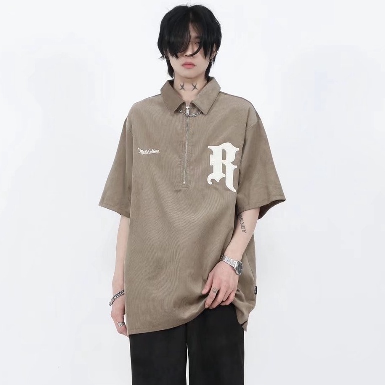 Áo Polo Zip Unisex Cổ Khóa Thêu Chữ R Form Rộng Tay Lỡ Chất Thun Cotton Dày Dặn Phong Cách Hàn Quốc