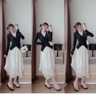 Set áo croptop ngắn tay kèm chân váy xoè midi dự tiệc