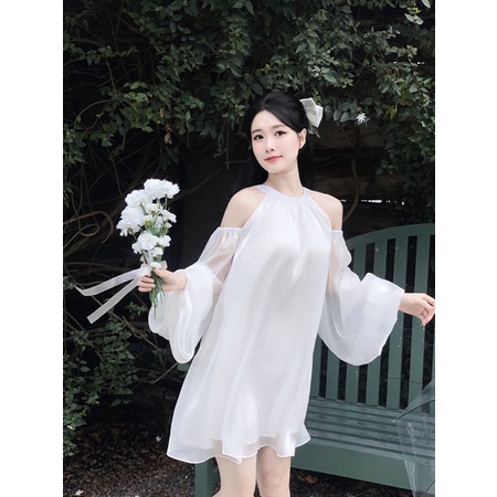 Sakura Dress - Áo / Váy babydoll nữ thiết kế hở vai cổ yếm voan organza dáng xòe tay dài bồng kỷ yếu có bigsize