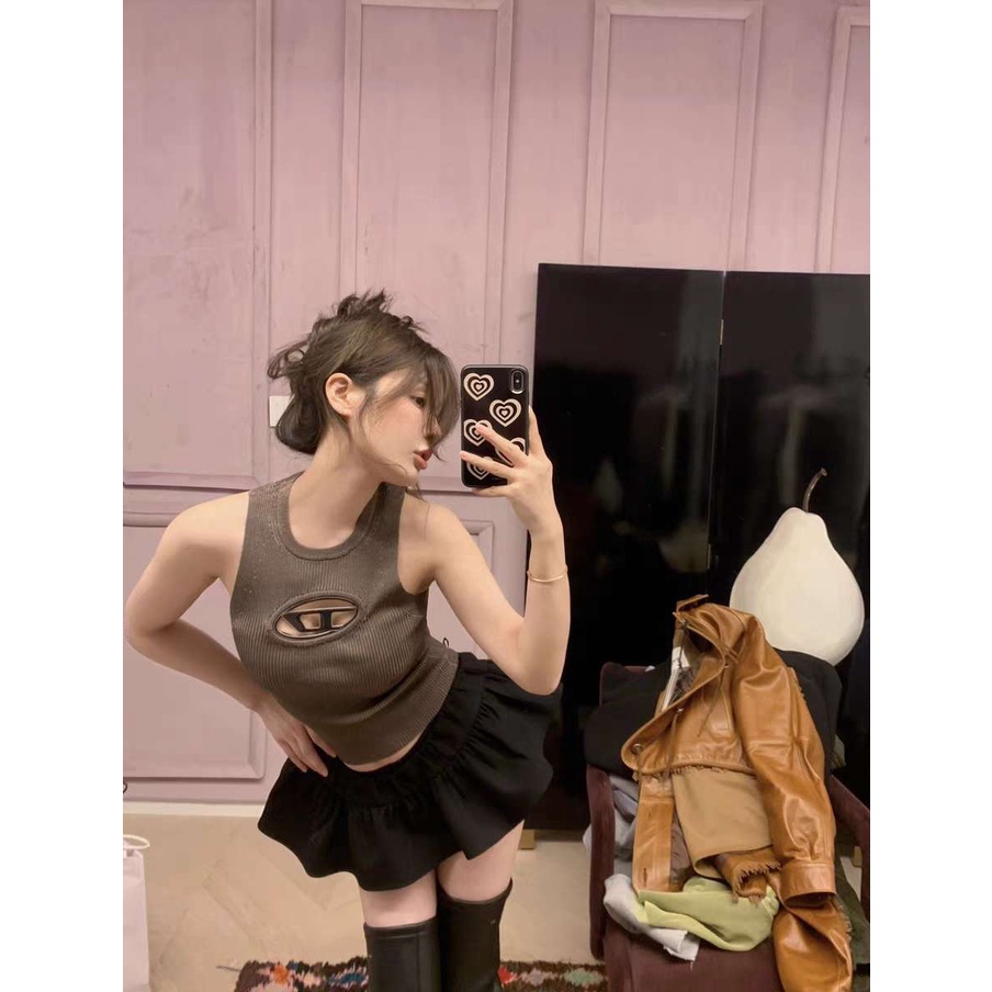 QADCOL Áo Dệt Kim Hai Dây Dáng Ngắn Ôm Sát Quyến Rũ Cho Nữ